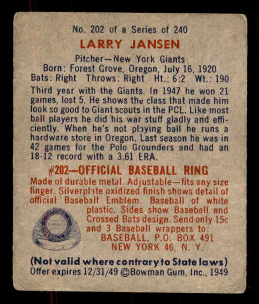 1949 Bowman Baseball #202 Larry Jansen Giants VG-EX 555990