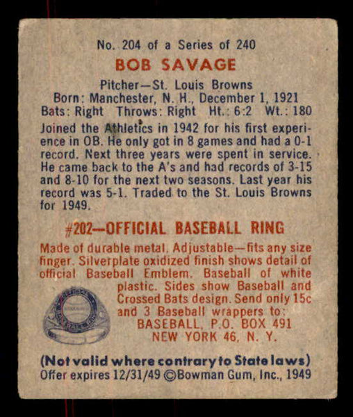 1949 Bowman Baseball #204 Bob Savage Browns VG-EX 555991