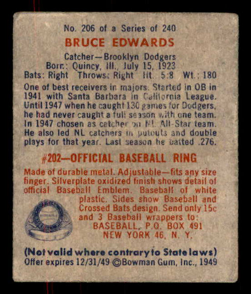 1949 Bowman Baseball #206 Bruce Edwards Dodgers VG-EX 555992