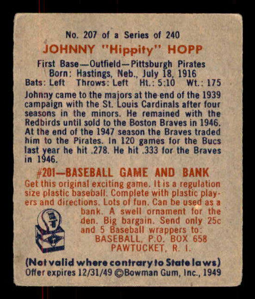 1949 Bowman Baseball #207 Johnny Hopp Pirates VG-EX 555993