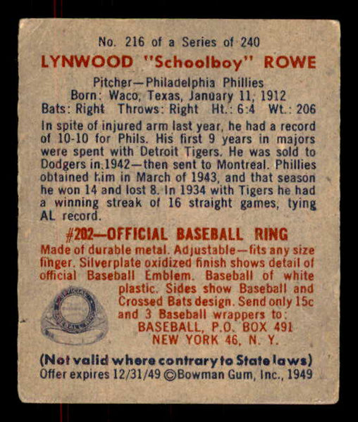 1949 Bowman Baseball #216 Schoolboy Rowe Phillies VG-EX 555994
