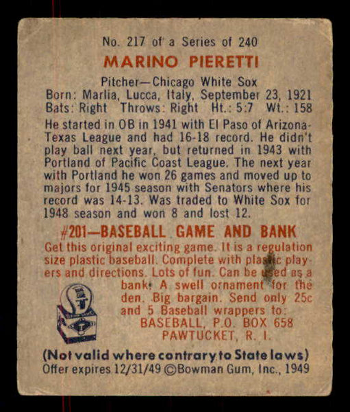 1949 Bowman Baseball #217 Marino Pieretti White Sox VG-EX 555995