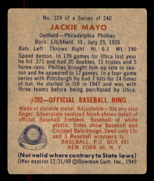 1949 Bowman Baseball #228 Jackie Mayo Phillies VG-EX 555996