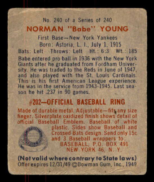 1949 Bowman Baseball #240 Babe Young Yankees VG-EX 555997