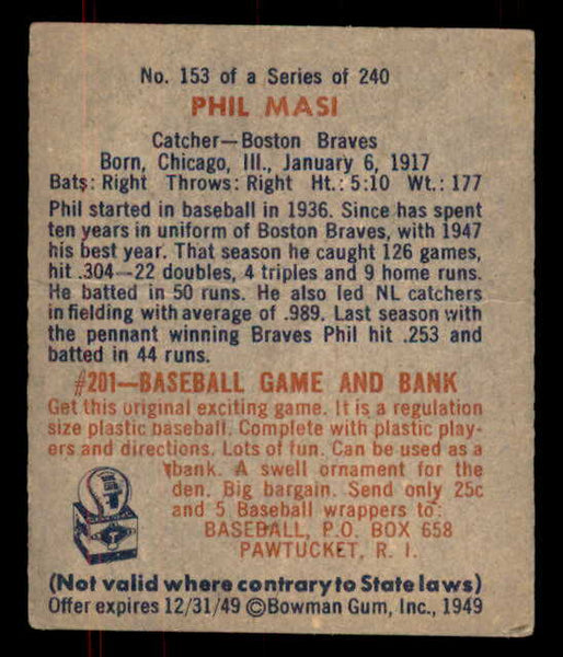 1949 Bowman Baseball #153 Phil Masi Braves VG-EX 555998