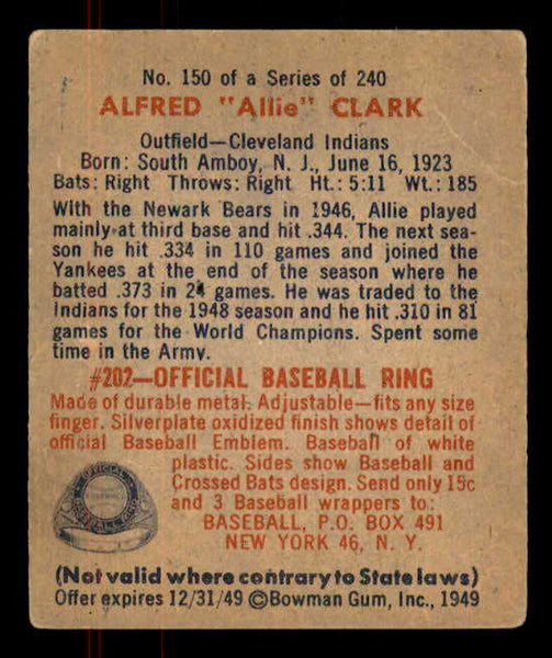 1949 Bowman Baseball #150 Allie Clark Indians VG-EX 555999