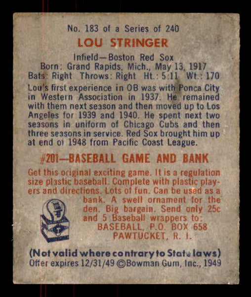 1949 Bowman Baseball #183 Lou Stringer Red Sox EX 556000