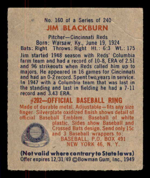 1949 Bowman Baseball #160 Jim Blackburn Reds VG-EX 556001