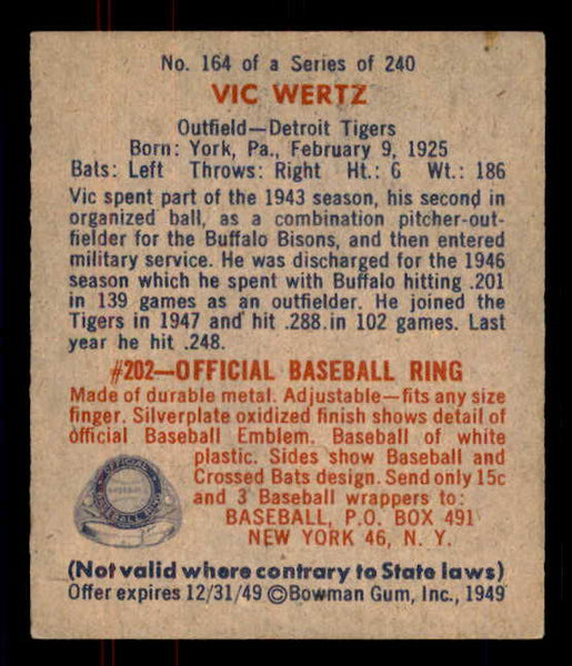 1949 Bowman Baseball #164 Vic Wertz Tigers EX 556002
