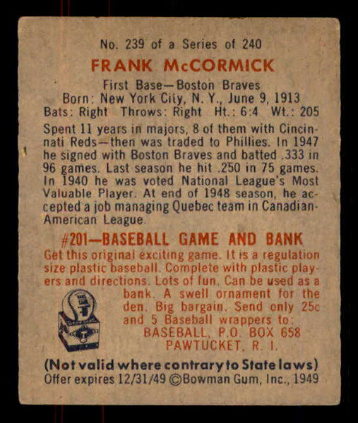 1949 Bowman Baseball #239 Frank McCormick Braves EX 556003