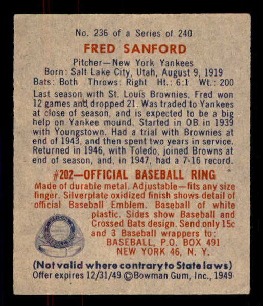 1949 Bowman Baseball #236 Fred Sanford Yankees EX 556004