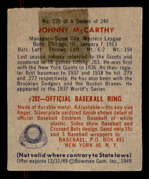 1949 Bowman Baseball #220 Johnny McCarthy Giants VG tape back 556005