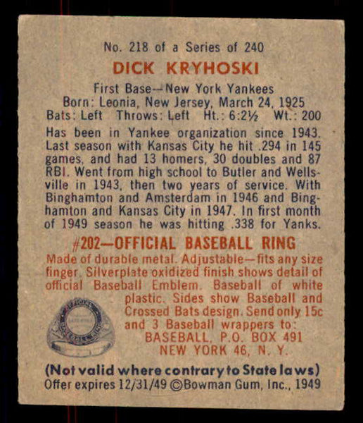 1949 Bowman Baseball #218 Dick Kryhoski Yankees EX-MT 556006