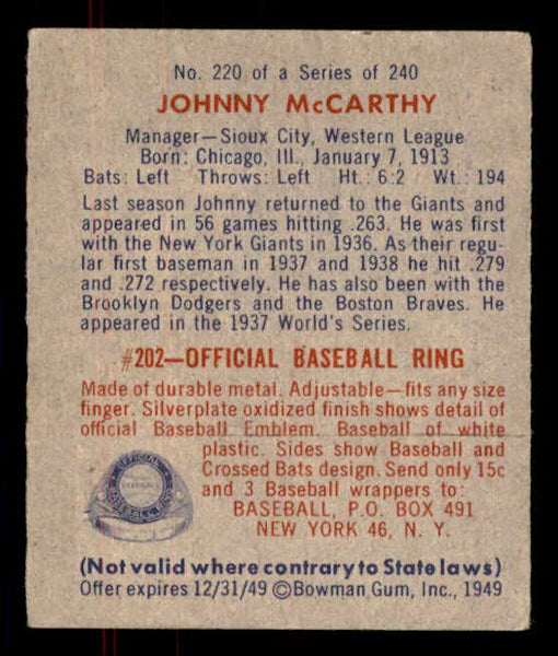 1949 Bowman Baseball #220 Johnny McCarthy Giants EX-MT 556008