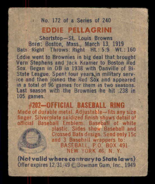 1949 Bowman Baseball #172 Eddie Pellagrini Browns VG 556010