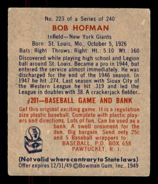 1949 Bowman Baseball #223 Bobby Hofman Giants EX+/EX-MT 556011