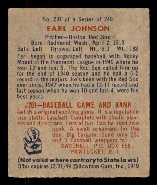 1949 Bowman Baseball #231 Earl Johnson Red Sox EX-MT 556012