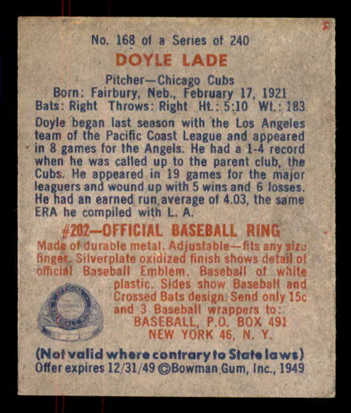 1949 Bowman Baseball #168 Doyle Lade Cubs EX-MT 556013