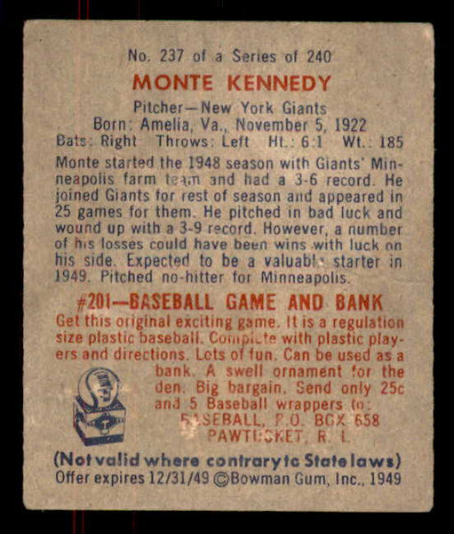 1949 Bowman Baseball #237 Monte Kennedy Giants EX 556016