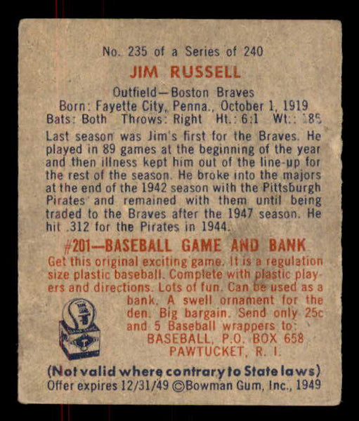 1949 Bowman Baseball #235 Jim Russell Braves EX 556017