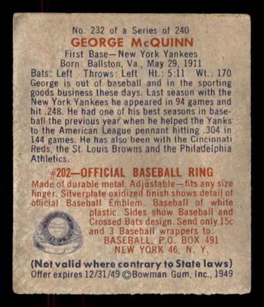 1949 Bowman Baseball #232 George McQuinn Yankees EX 556018