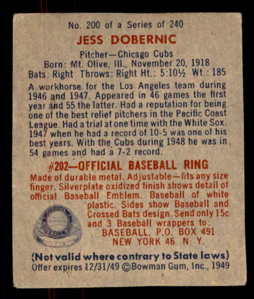 1949 Bowman Baseball #200 Jess Dobernic Cubs VG-EX 556019