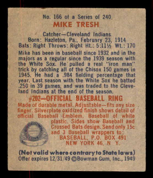 1949 Bowman Baseball #166 Mike Tresh Indians EX-MT 556020