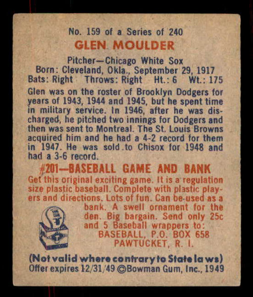 1949 Bowman Baseball #159 Glen Moulder White Sox EX-MT 556021