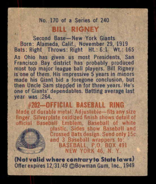 1949 Bowman Baseball #170 Bill Rigney Giants EX-MT 556022