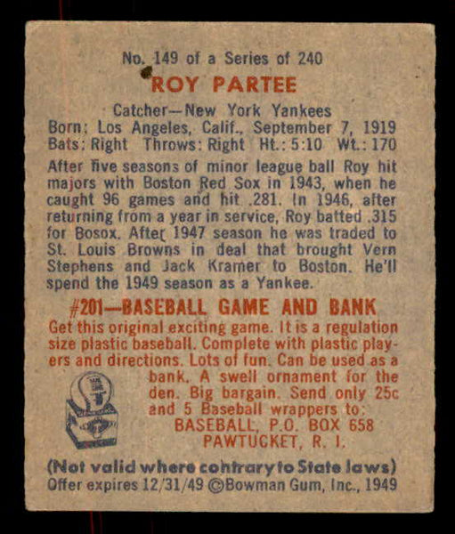1949 Bowman Baseball #149 Roy Partee Yankees EX-MT 556023