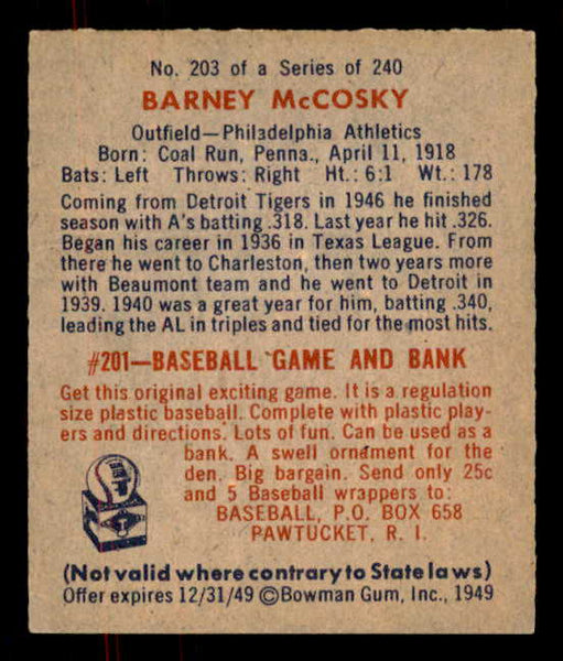 1949 Bowman Baseball #203 Barney Mccosky A's EX-MT 556024