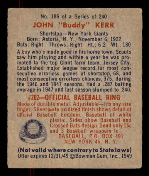 1949 Bowman Baseball #186 Buddy Kerr Giants EX-MT 556025
