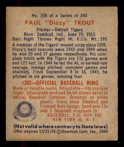 1949 Bowman Baseball #208 Dizzy Trout Tigers EX-MT 556026