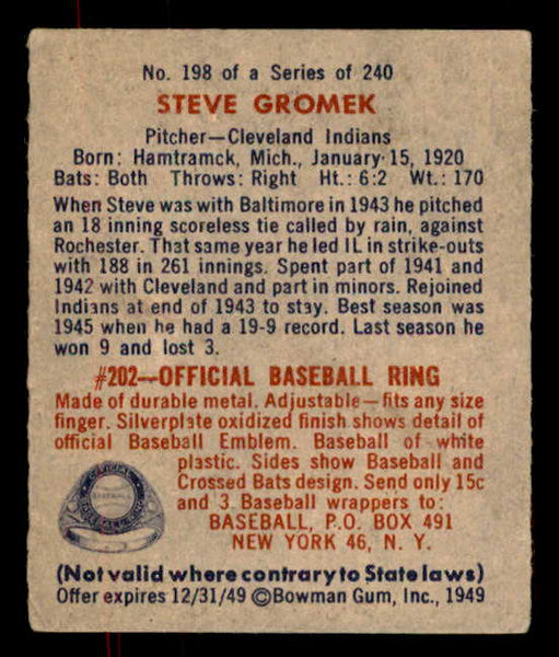 1949 Bowman Baseball #198 Steve Gromek Indians VG-EX 556027