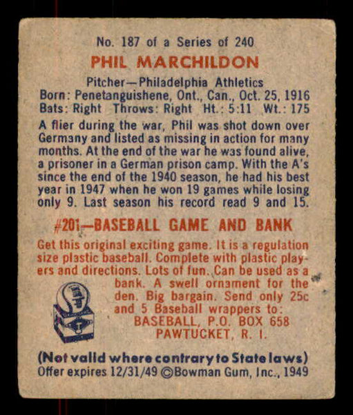 1949 Bowman Baseball #187 Phil Marchildon A's EX 556028