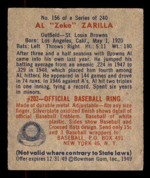 1949 Bowman Baseball #156 Al Zarilla Browns EX 556029