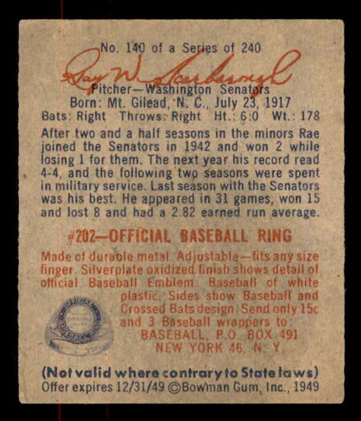 1949 Bowman Baseball #140 Ray Scarborough Senators EX-MT 556030