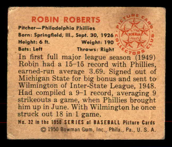 1950 Bowman Baseball #032 Robin Roberts Phillies GD-VG 556031