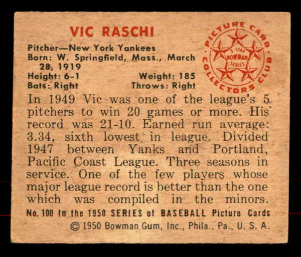 1950 Bowman Baseball #100 Vic Raschi Yankees VG-EX 556032