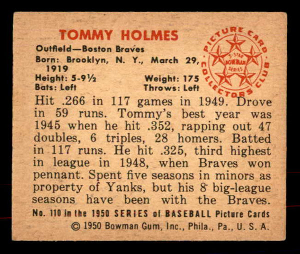 1950 Bowman Baseball #110 Tommy Holmes Braves EX 556033