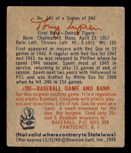 1949 Bowman Baseball #141 Tony Lupien Tigers VG-EX 556034