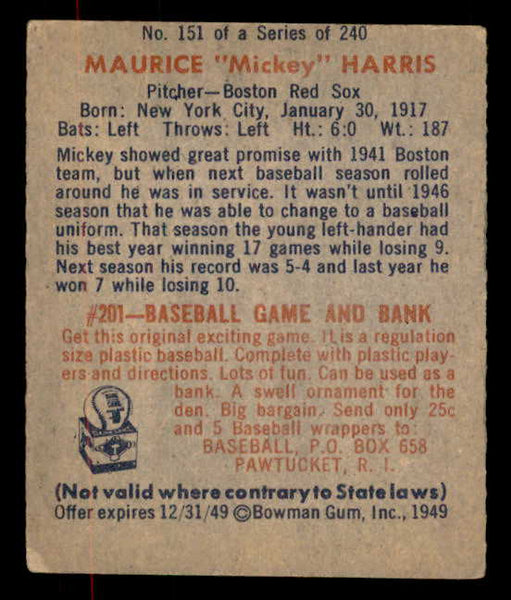 1949 Bowman Baseball #151 Mickey Harris Red Sox VG 556036