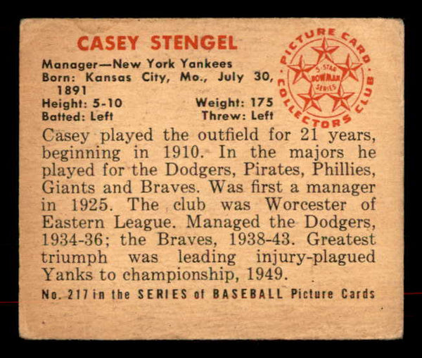1950 Bowman Baseball #217 Casey Stengel Yankees VG-EX No Copyright 556038