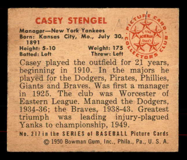 1950 Bowman Baseball #217 Casey Stengel Yankees VG 556039
