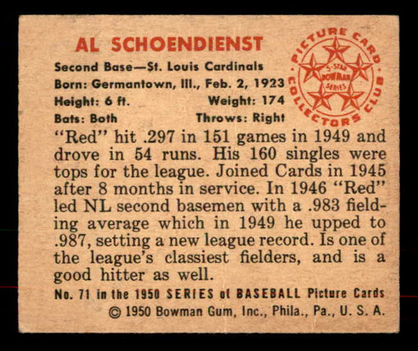 1950 Bowman Baseball #071 Red Schoendienst Cardinals VG-EX 556040