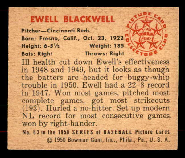 1950 Bowman Baseball #063 Ewell Blackwell Reds VG-EX 556041