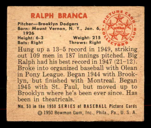 1950 Bowman Baseball #059 Ralph Branca Dodgers EX+/EX-MT 556042