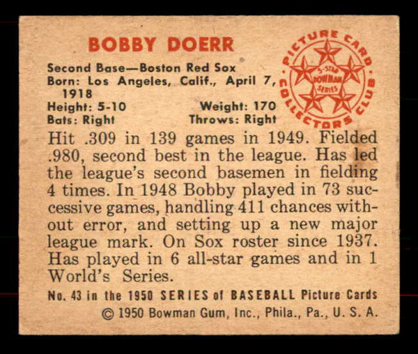 1950 Bowman Baseball #043 Bobby Doerr Red Sox VG-EX 556045