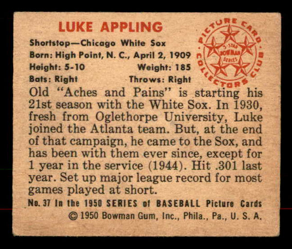1950 Bowman Baseball #037 Luke Appling White Sox VG-EX 556046