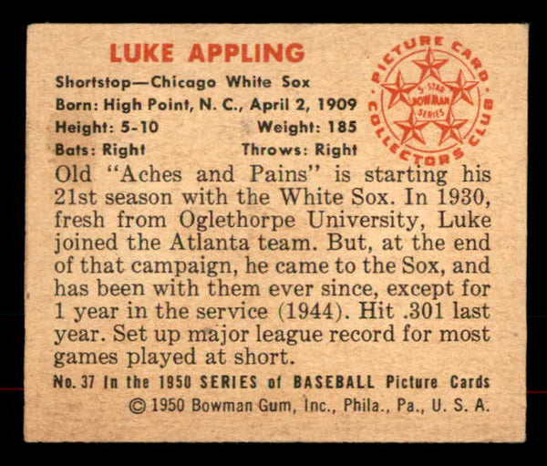 1950 Bowman Baseball #037 Luke Appling White Sox VG-EX 556047